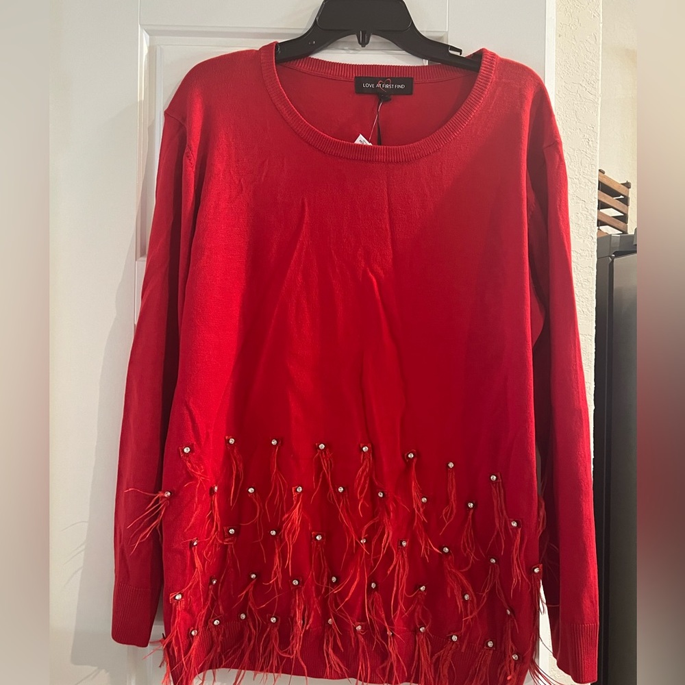 Red light weight sweater with feathers and stones on the bottom